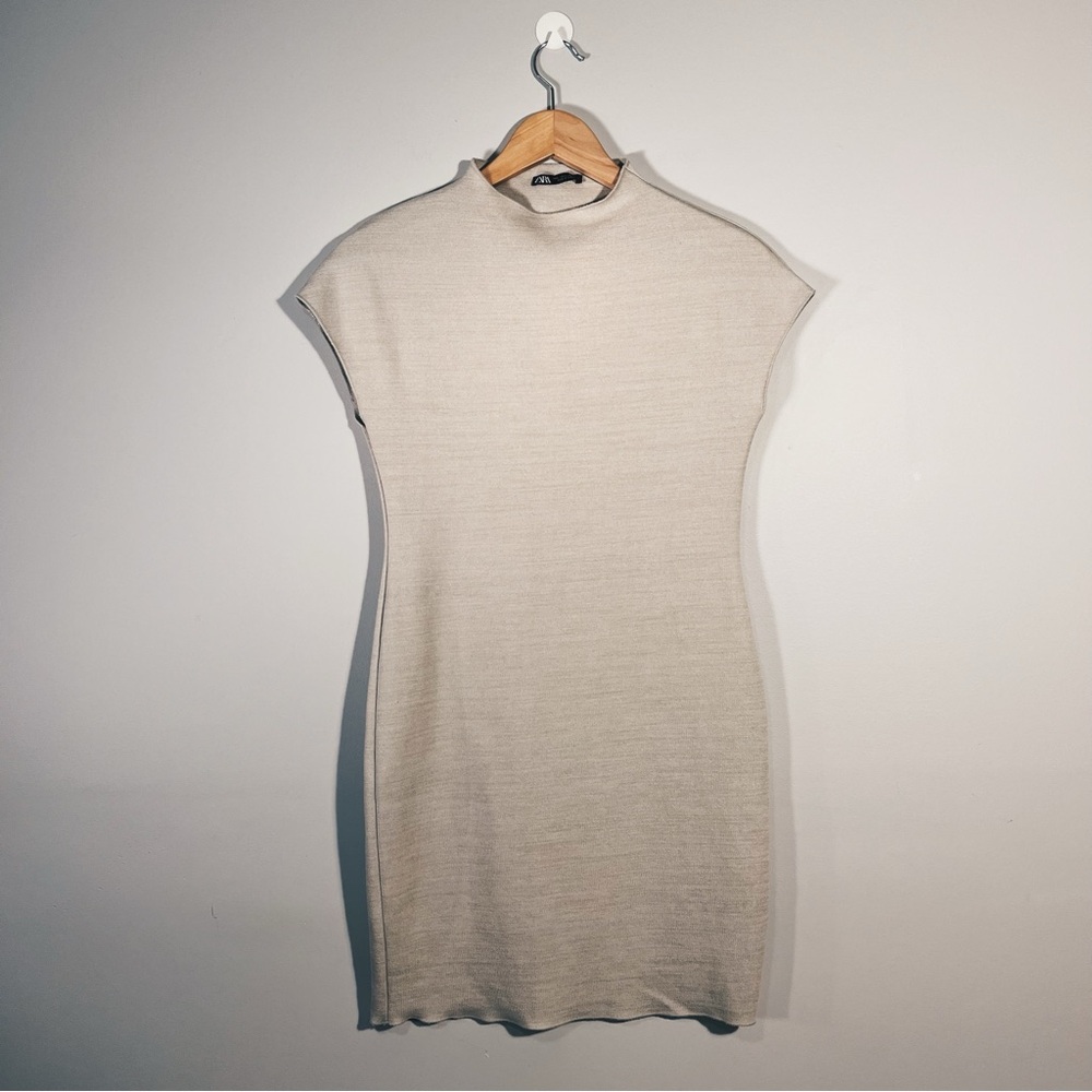 Zara Mock Neck Fitted Mini Dress Marled Khaki Size L